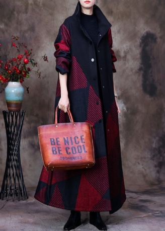 Plus Size Mulberry Stand Krave Asymmetrisk Patchwork Knap Ulden Maxi Coat Langærmet