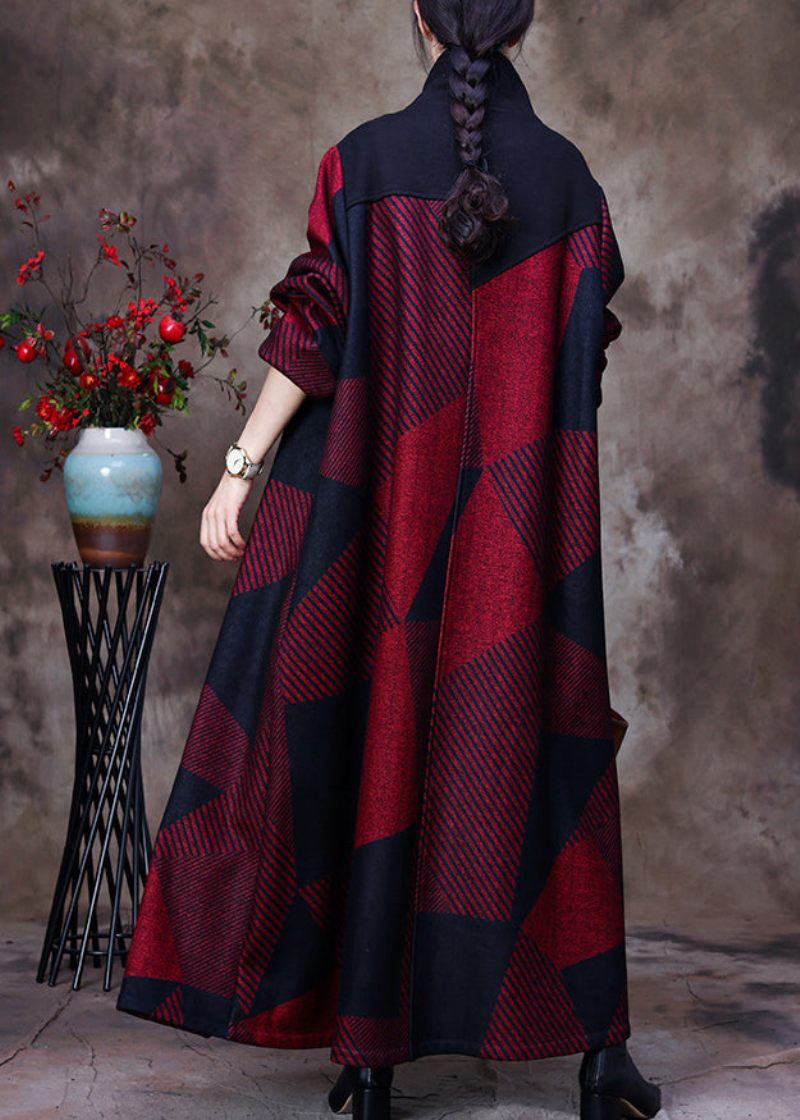 Plus Size Mulberry Stand Krave Asymmetrisk Patchwork Knap Ulden Maxi Coat Langærmet - Mulberry