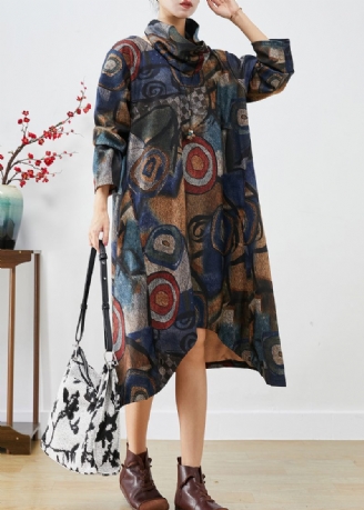 Plus Size Navy Oversized Print Uldkjole Todelt Sæt Efterår