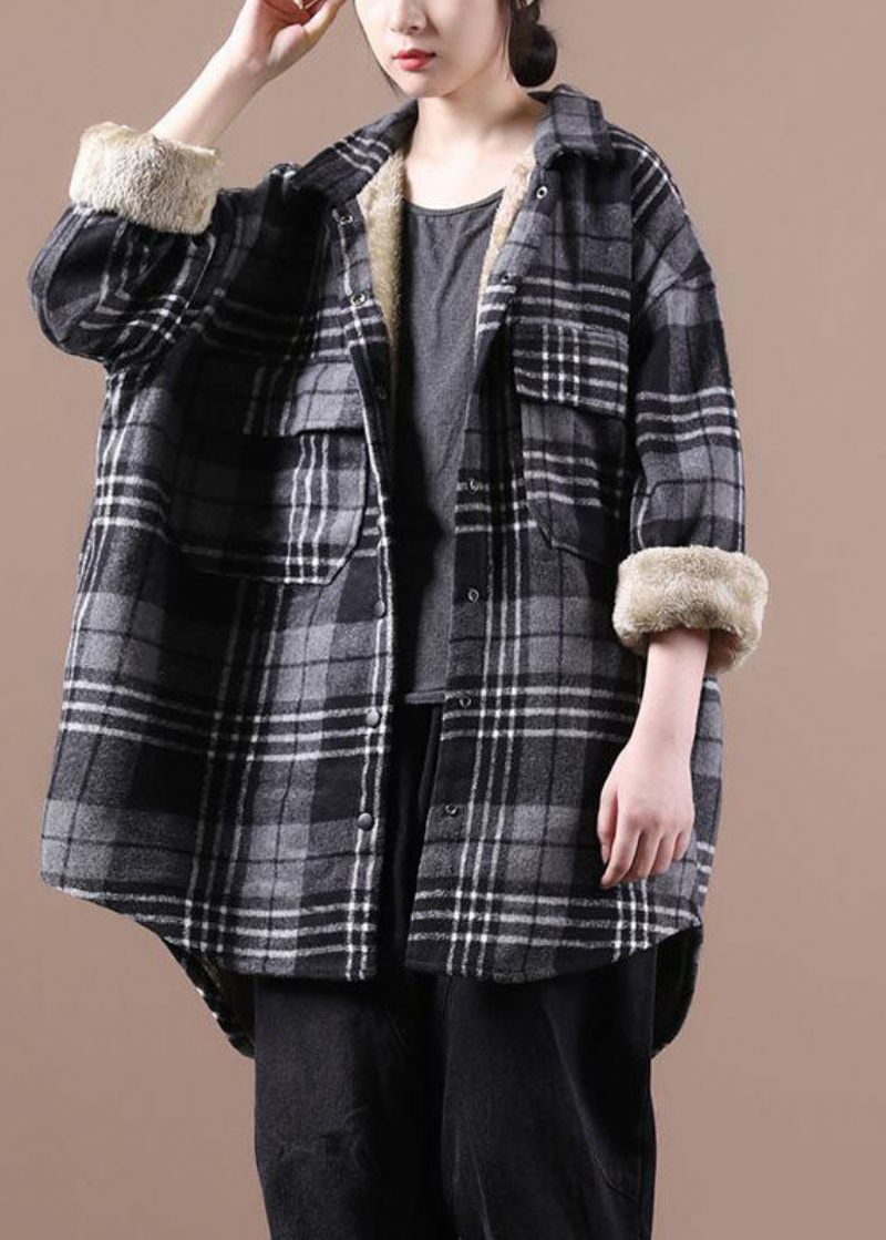 Plus Size Sort Asymmetrisk Plaid Fleece Uld Foret Frakker Vinter - Sort