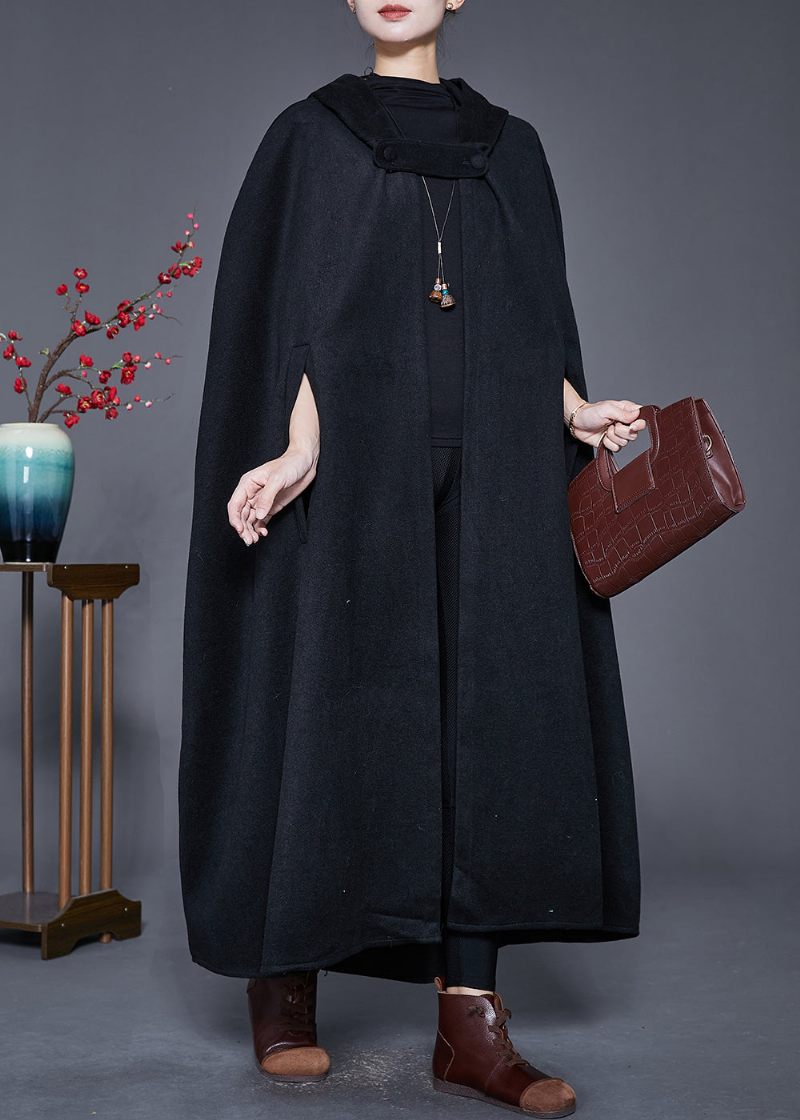 Plus Size Sort Hætte Oversized Ulden Trench Kappe Ærmer - Dame uldfrakker