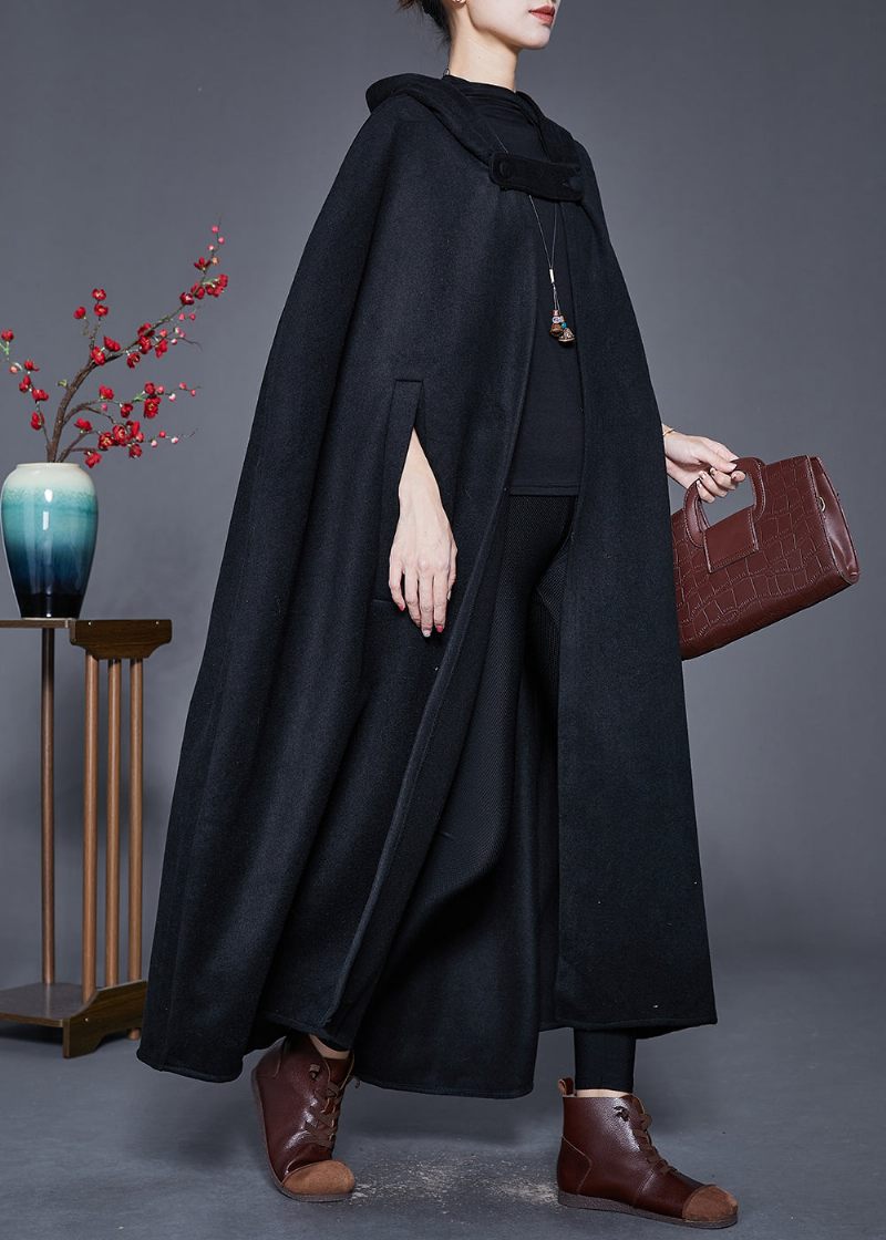 Plus Size Sort Hætte Oversized Ulden Trench Kappe Ærmer - Dame uldfrakker