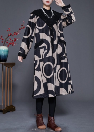 Plus Size Sort Hætte Print Fleece Uld Foret Trench Vinter