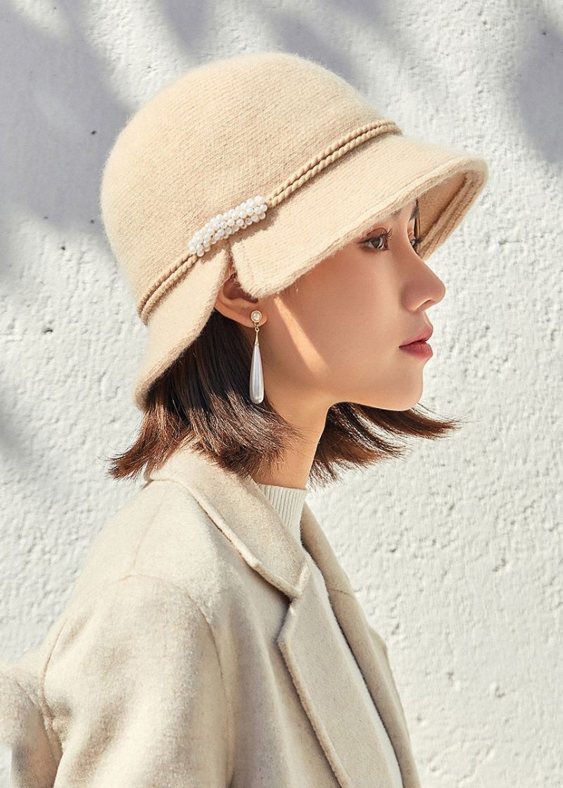 Retro Beige Nail Bead Side Open Woolen Bucket Hat - Dame uldfrakker