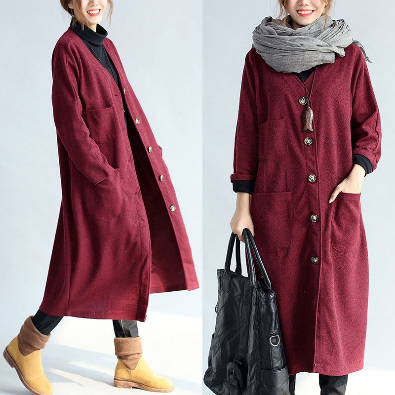 Røde Vinter-bomuldscardigans Plus Size Langærmede Uldne Vintage Trenchcoats - Dame uldfrakker