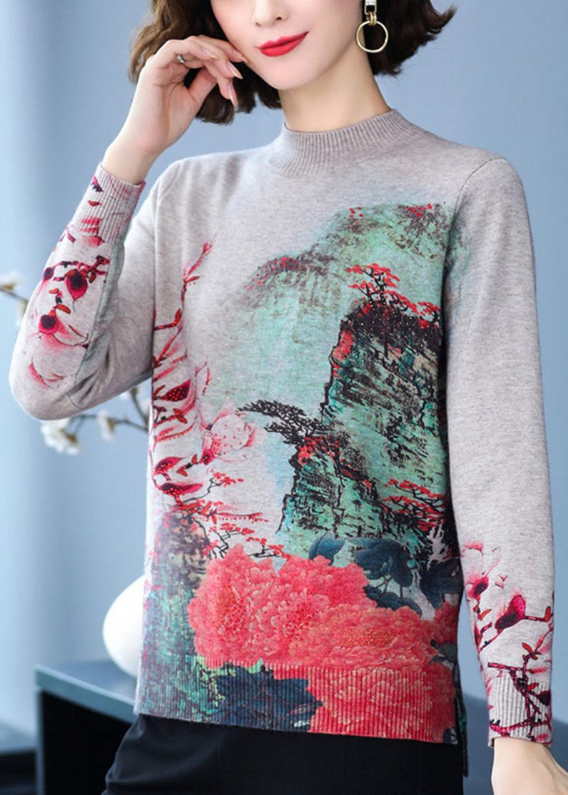 Rødt Print Blød Ulden Kort Sweater Halv Høj Hals Fjeder - Dame uldfrakker