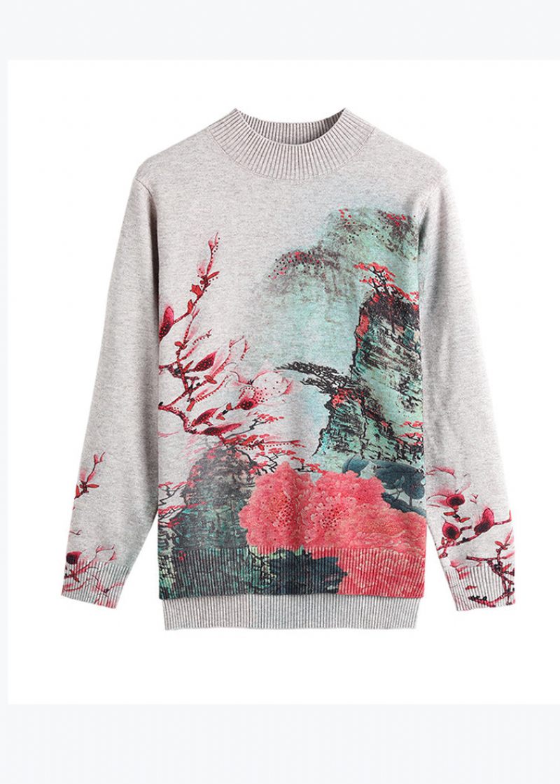 Rødt Print Blød Ulden Kort Sweater Halv Høj Hals Fjeder - Dame uldfrakker