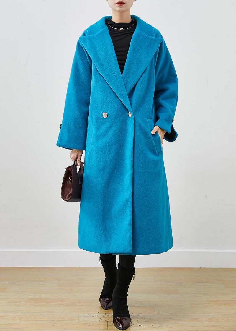 Simple Lake Blue Oversized Dobbeltbryst Ulden Trench Fjeder