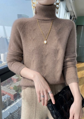 Simple Light Camel Hign Neck Tyk Ulden Kort Sweater Vinter