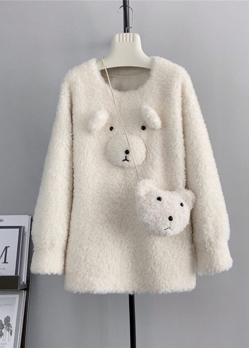 Sød Kaffe O-hals Uld Løs Teddy Bear Vinter Pullover - Dame uldfrakker