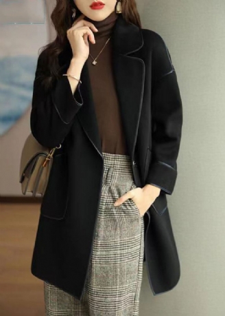 Sort Silm Fit Woolen Coat Oversized Lommer Fall