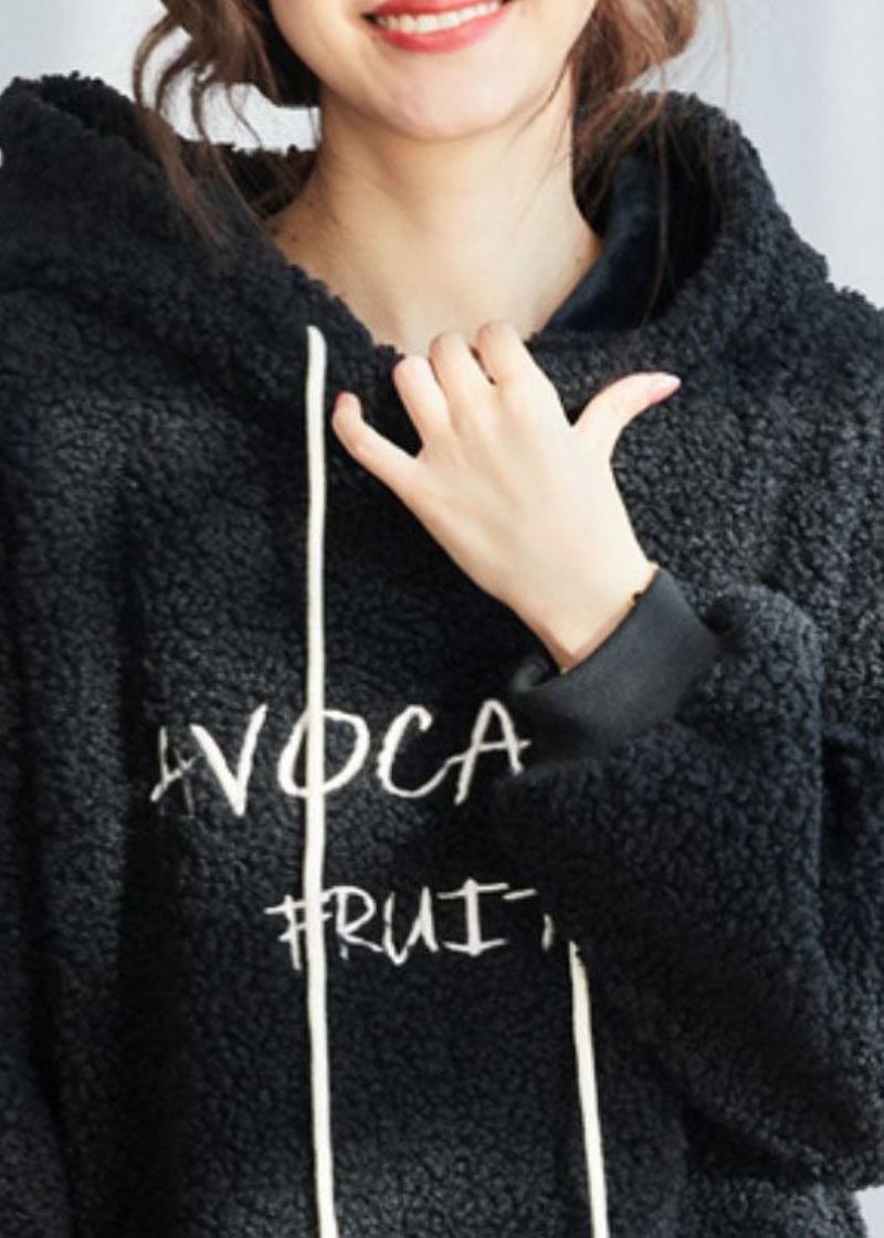 Stil Sort Hætte Varm Fleece Uld Sweatshirt Vinter - Sort