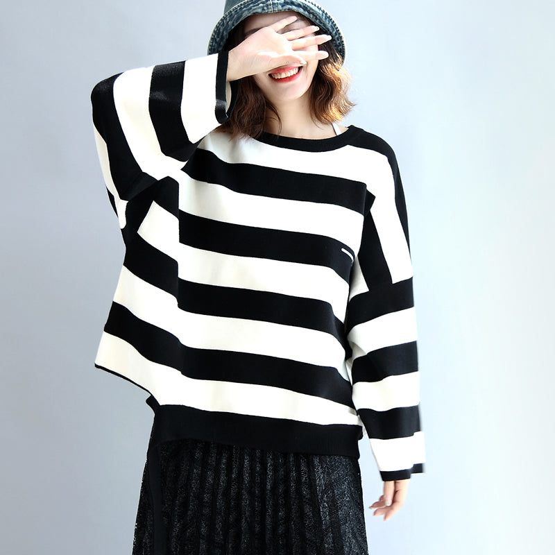 Strip Vinter Ulden Toppe Oversized Sort Og Hvid Stribet Pullover T-shirts