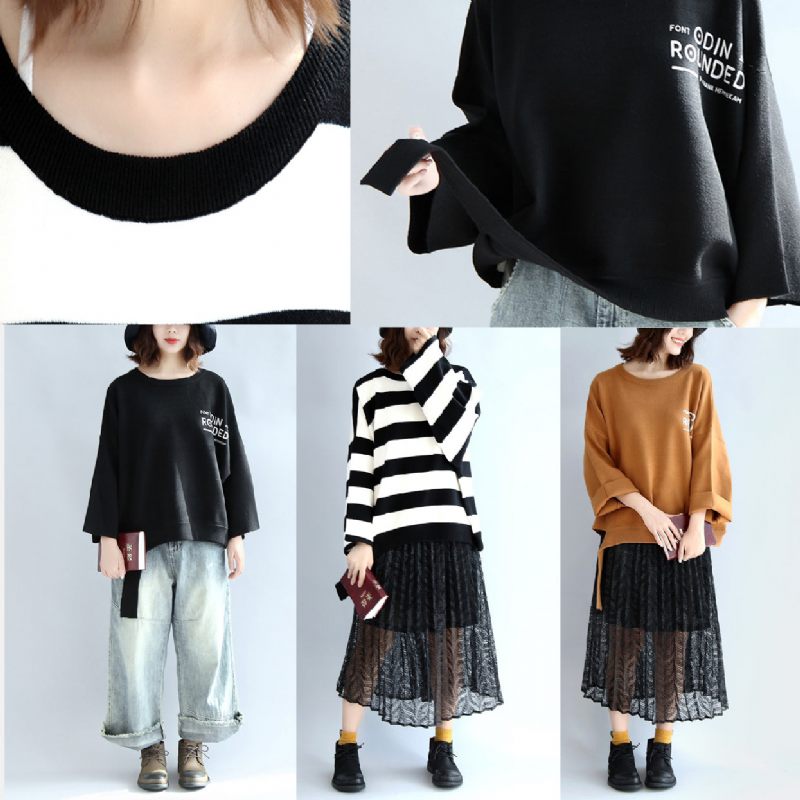 Strip Vinter Ulden Toppe Oversized Sort Og Hvid Stribet Pullover T-shirts - Sort Hvid