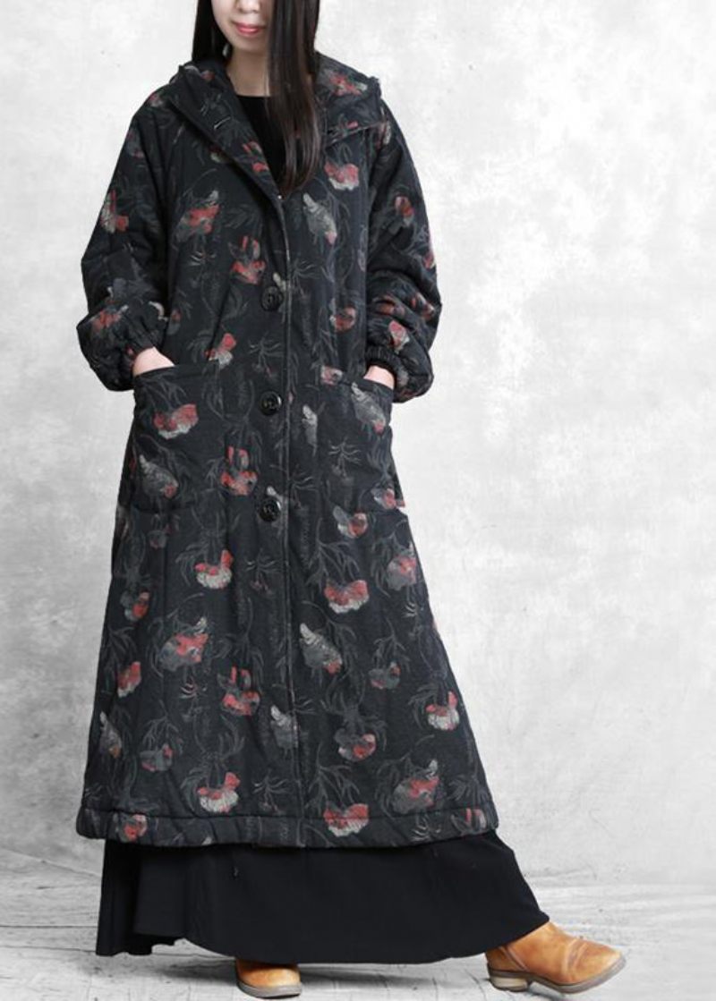 Vintage Oversize Trenchcoat Mørkegrå Print Med Hætte Button Down Uldfrakker