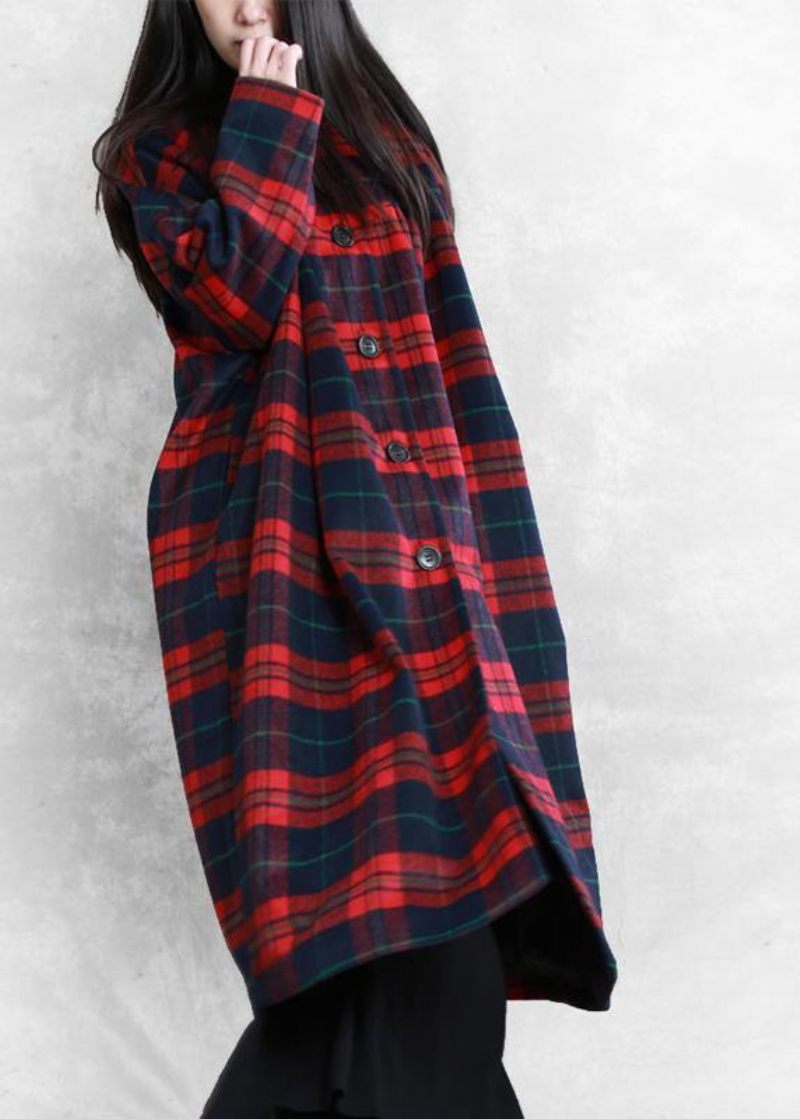 Vintage Plus Size Vinterfrakke Ulden Outwear Rød Plaid Med Hakkede Lommer Uld Overfrakke - Grøn