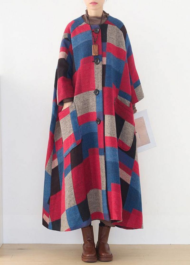 Vintage Rød Plaid Uldfrakker Oversized O Hals Ekstra Stor Søm Lang Vinterfrakke Damefrakker - Gul