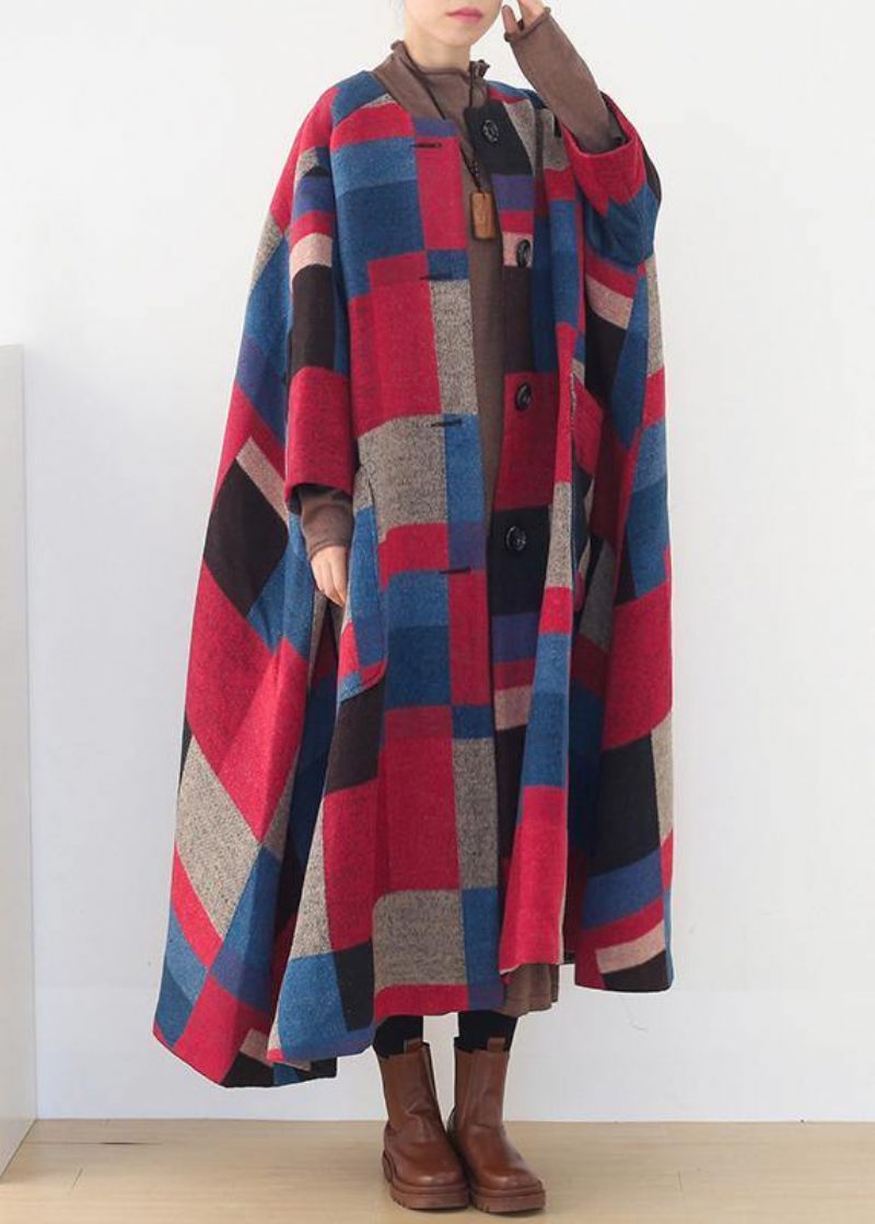 Vintage Rød Plaid Uldfrakker Oversized O Hals Ekstra Stor Søm Lang Vinterfrakke Damefrakker - Gul