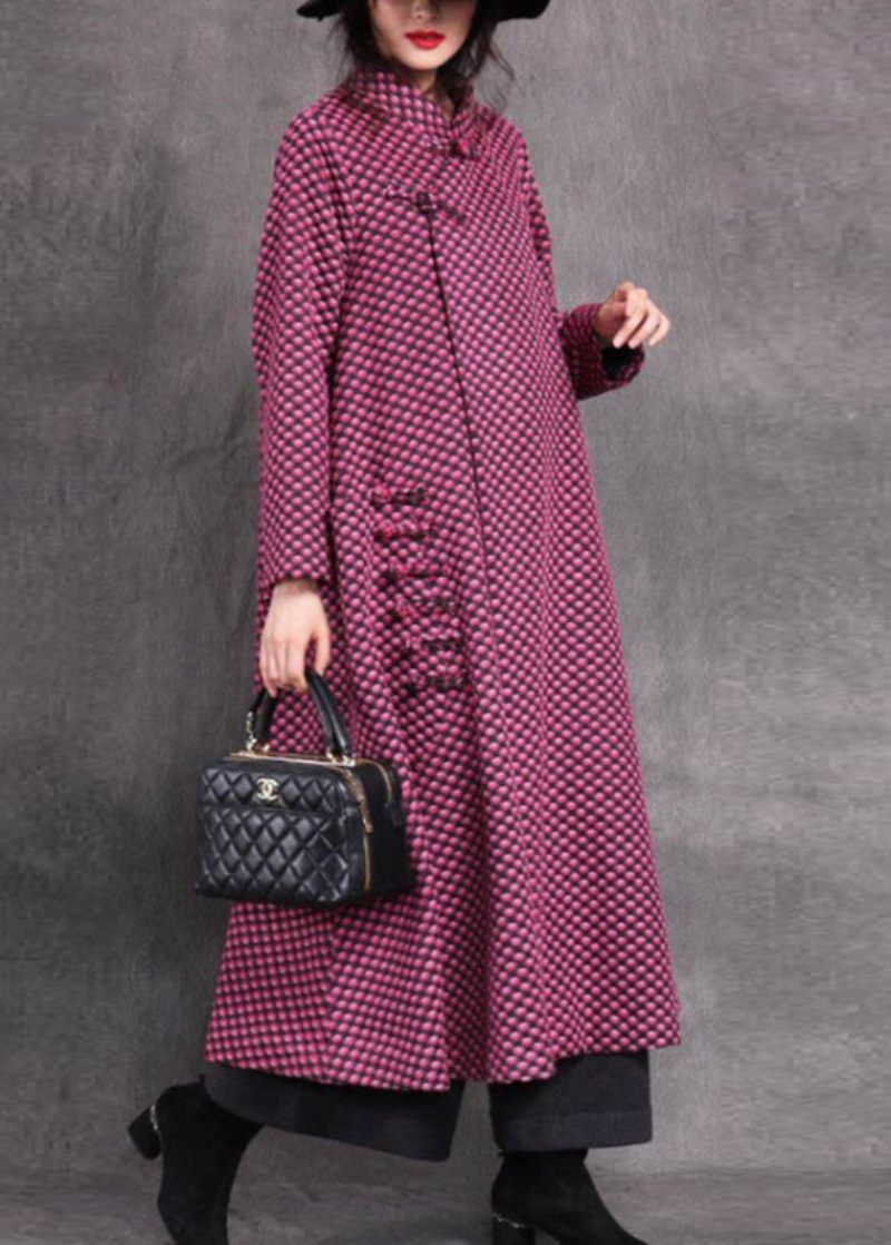 Vogue Rose Stand Krave Asymmetrisk Plaid Knap Ulden Maxi Frakker Spring