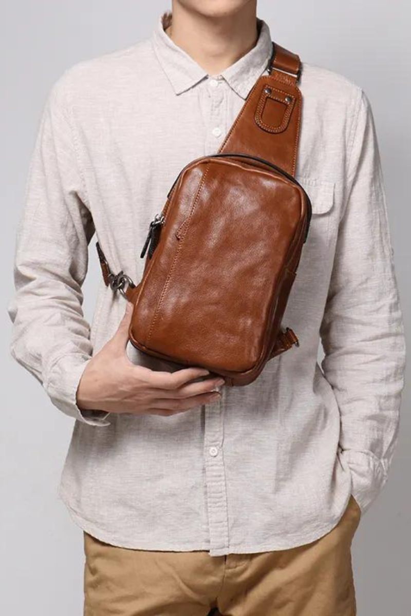 Ægte Læder Brysttaske Til Mænd Casual Håndtaske Trendy Enkelt Skulder Crossbody Brystpakke