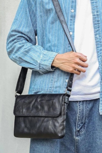 Ægte Læder Herre Crossbody Taske Flap Skuldertasker Sort Small Messenger Bag Work