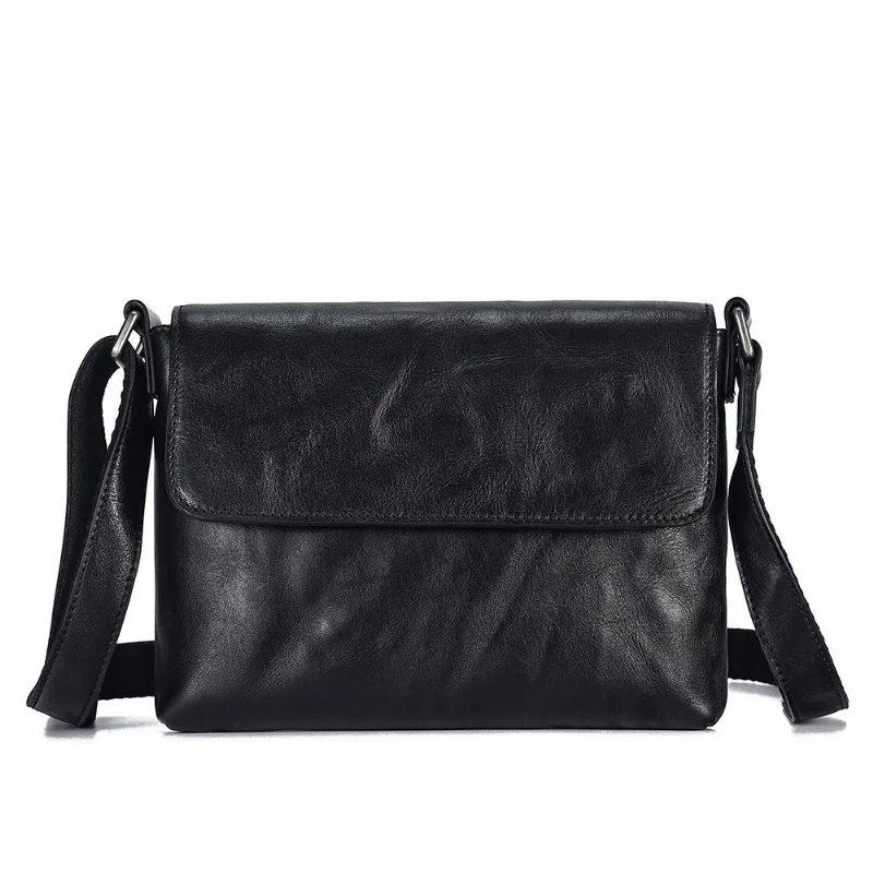 Ægte Læder Herre Crossbody Taske Flap Skuldertasker Sort Small Messenger Bag Work - Sort