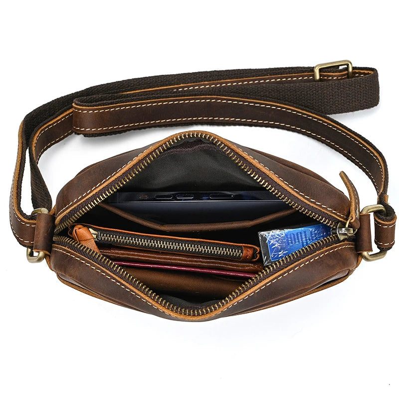 Ægte Læder Herre Skuldertaske Vintage Messenger Bag Mini Crossbody Taske - Mørkebrun