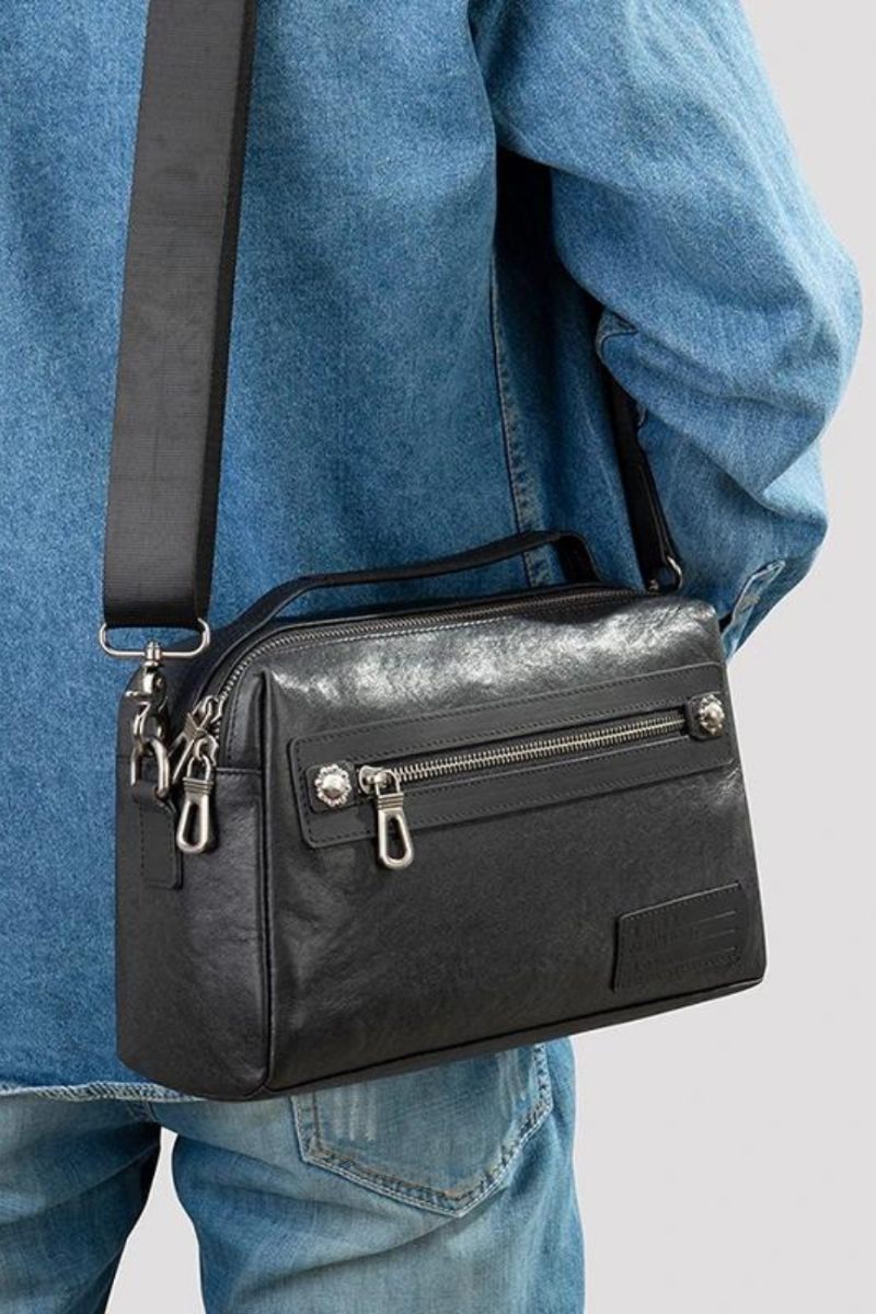 Ægte Læder Herretaske Blødt Kvinder Skuldertaske Casual Crossbody Taske Briefcase Sort