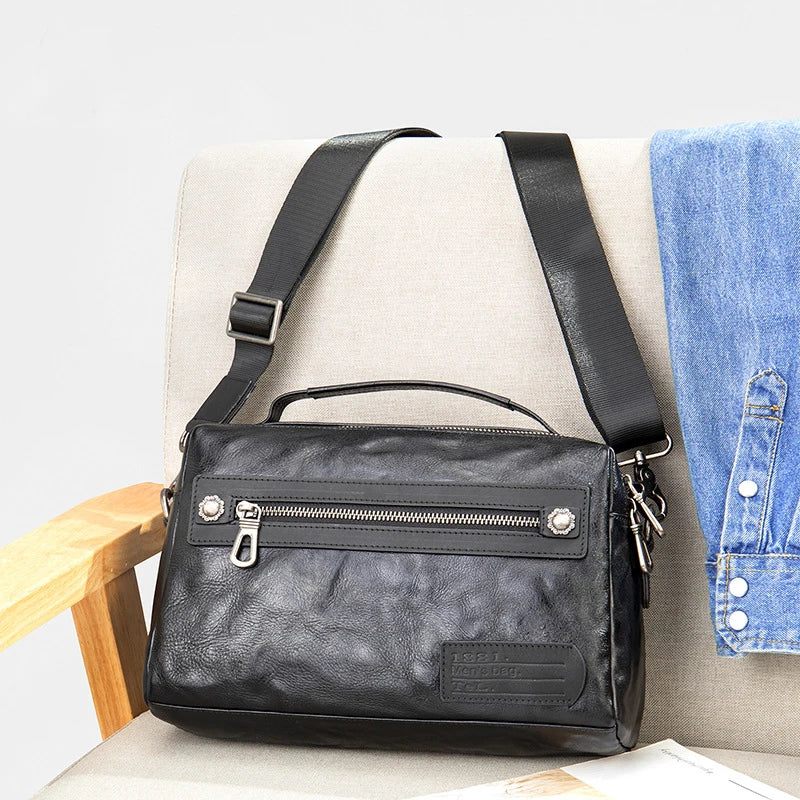 Ægte Læder Herretaske Blødt Kvinder Skuldertaske Casual Crossbody Taske Briefcase Sort - Sort1