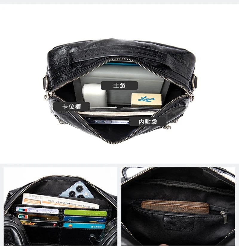 Ægte Læder Herretaske Blødt Kvinder Skuldertaske Casual Crossbody Taske Briefcase Sort - Sort1