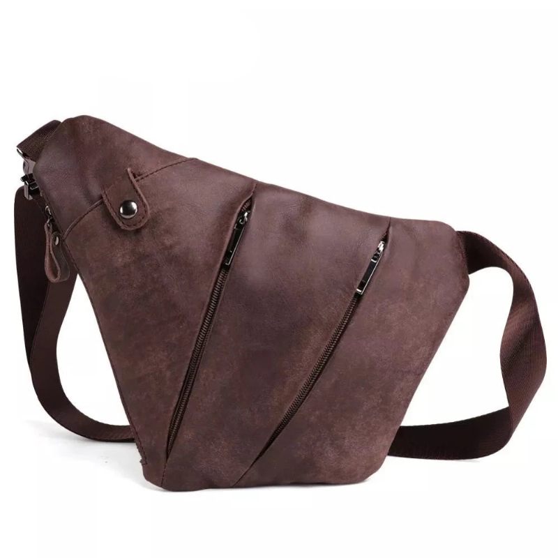 Ægte Læder Mænd Messenger Bag Casual Crossbody Taske Håndtaske Brysttaske Mandlig Skuldertaske - Sort