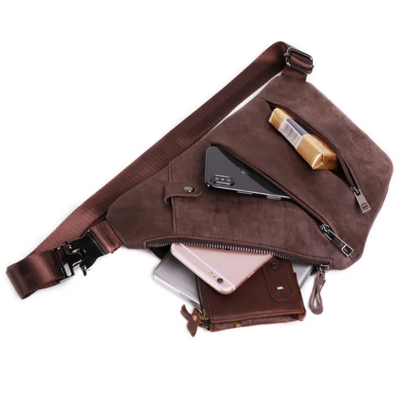 Ægte Læder Mænd Messenger Bag Casual Crossbody Taske Håndtaske Brysttaske Mandlig Skuldertaske - Sort