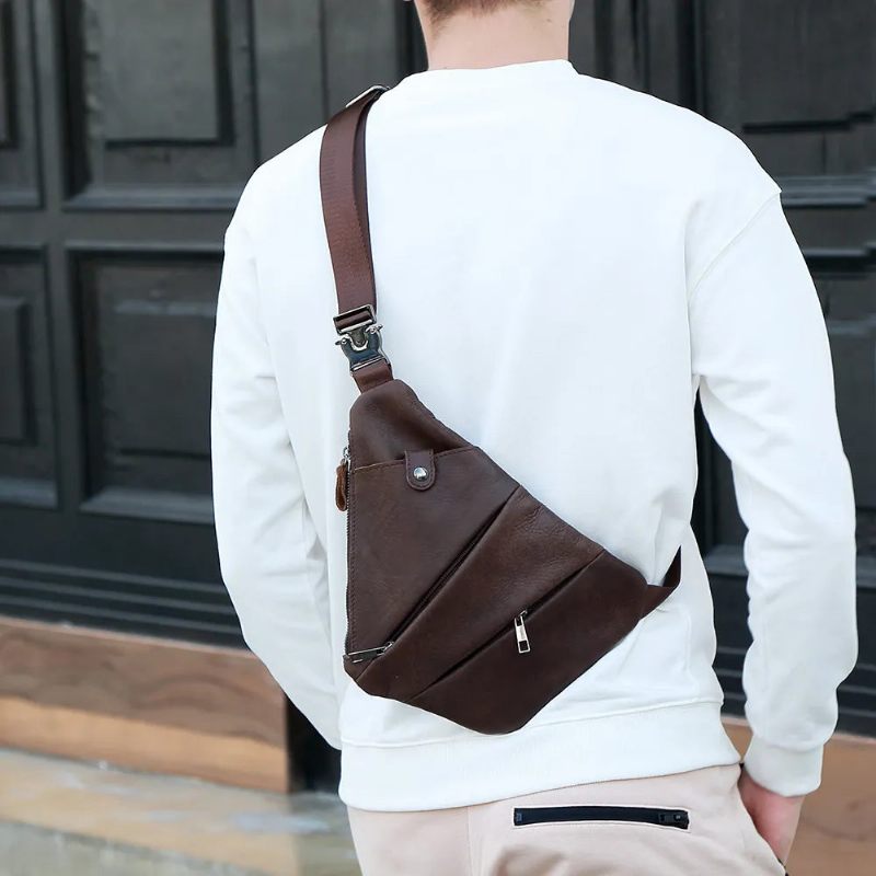 Ægte Læder Mænd Messenger Bag Casual Crossbody Taske Håndtaske Brysttaske Mandlig Skuldertaske - Sort