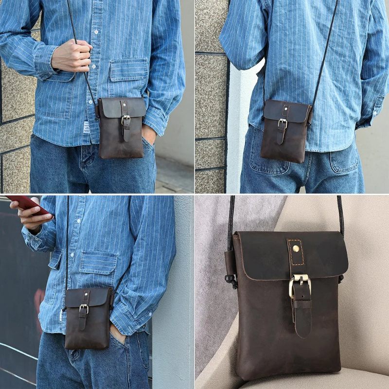 Ægte Læder Mænd Vintage Casual Messenger Bag Mini Skulder Crossbody Taske - Kaffe