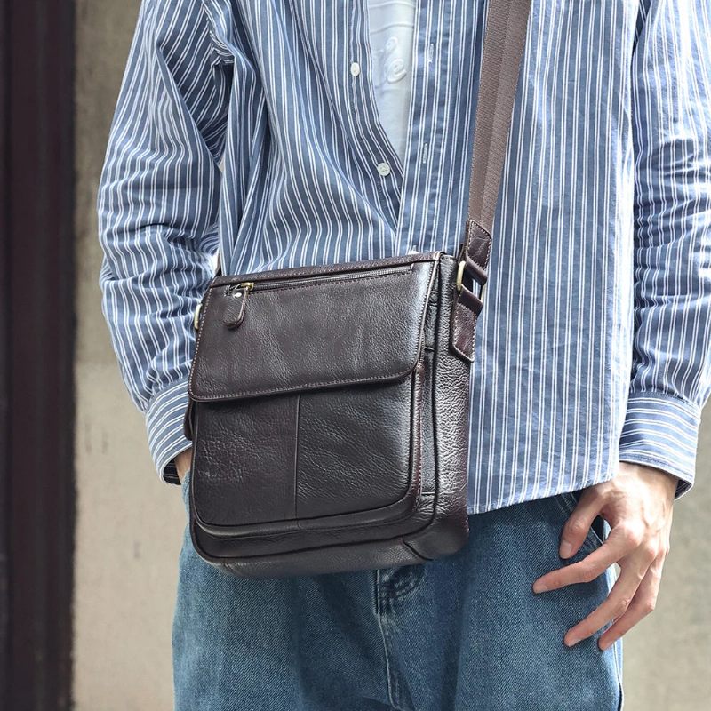 Ægte Læder Mænd Vintage Håndtasker Flap Mænds Skuldertasker Casual Messenger Tasker Crossbody Taske - Kaffe