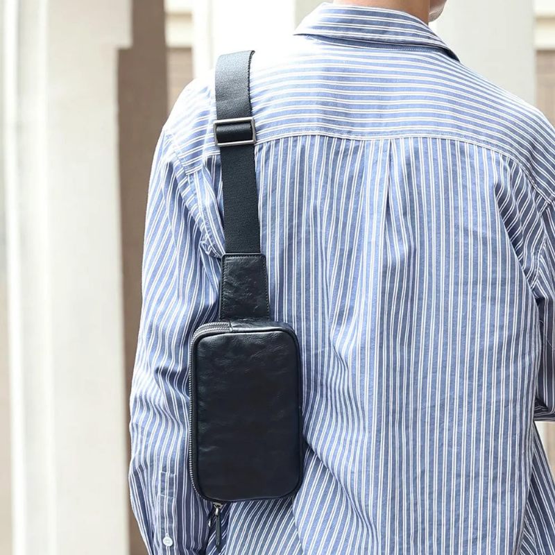 Ægte Læder Sling Tasker Vandre Rygsække Brysttaske Til Kvinder Mænd Crossbody Bryst Daypack - Sort