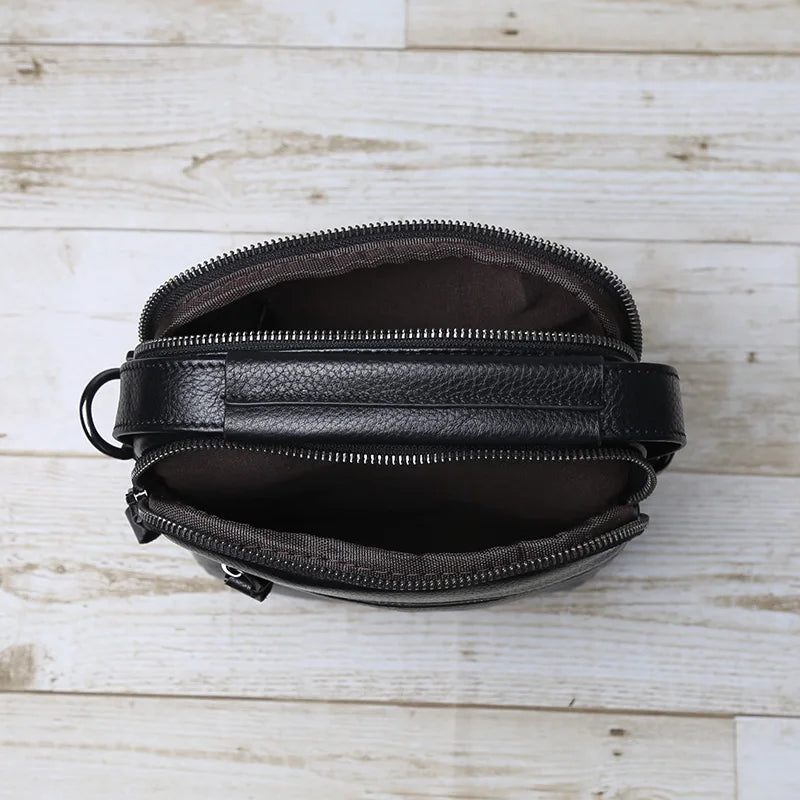 Håndlavet Skuldertaske Til Mænd Læder Crossbody Opbevaringstaske Casual Retro - Sort