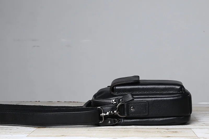 Håndlavet Skuldertaske Til Mænd Læder Crossbody Opbevaringstaske Casual Retro - Sort