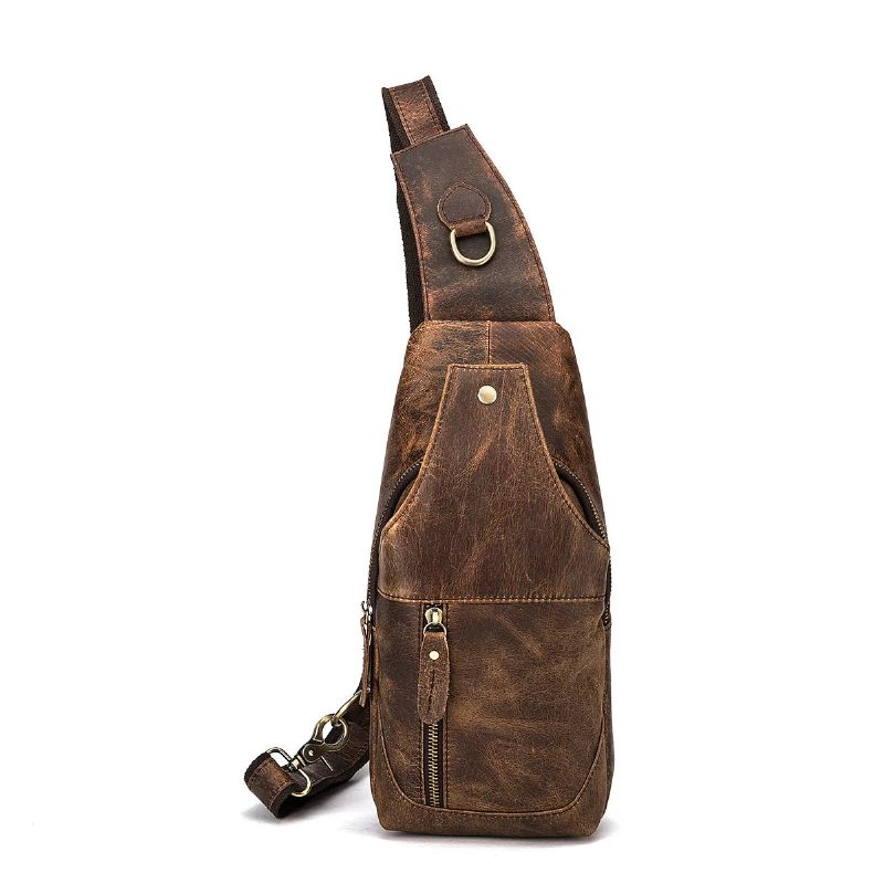 Læder Casual Travel Chest Sling Bag Design Vintage One Shoulder Bag Cross-body Taske Til Mænd - Sølv