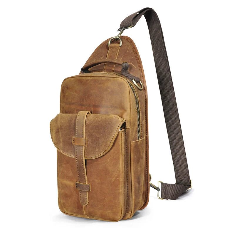 Læder Retro Chest Pack Sling Bag Design Travel One Shoulder Bag Rygsæk Til Mænd - Brun