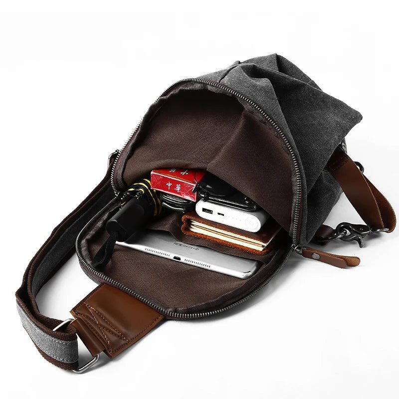 Mænd Brysttaske Canvas Sling Bag Lynlås Fritid Holdbar Crossbody Bag - Grå