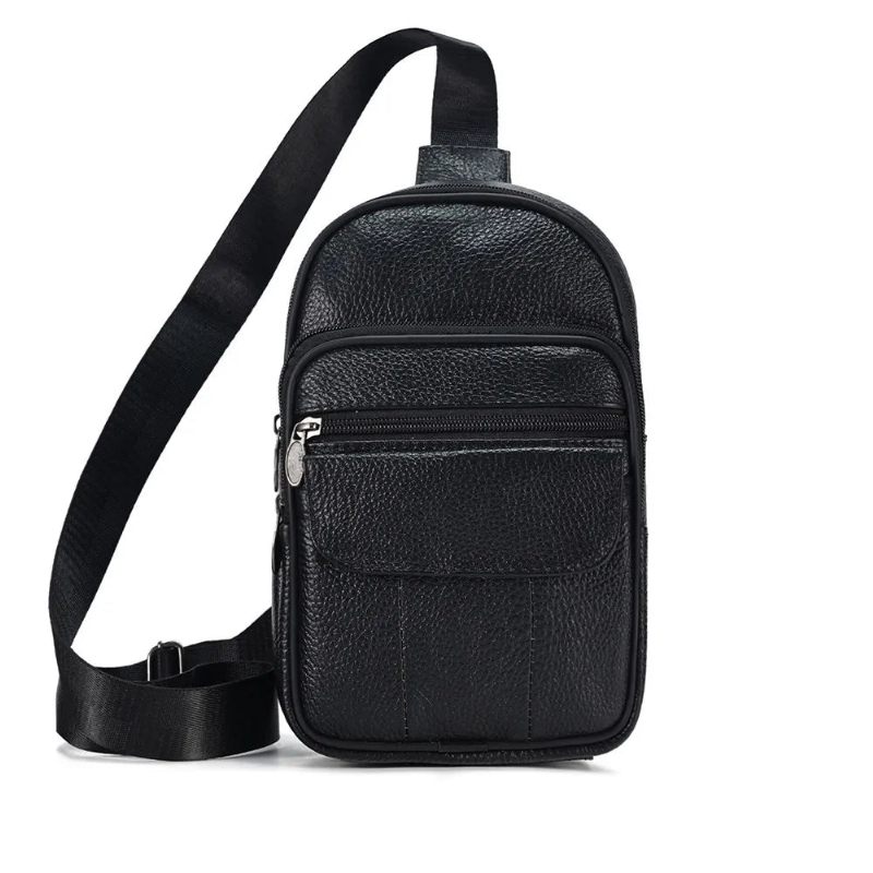 Mænd Læder Casual Crossbody Taske Trendy Skuldertaske Til Mandlige Brystpakke Rejseslyngetasker - Sort