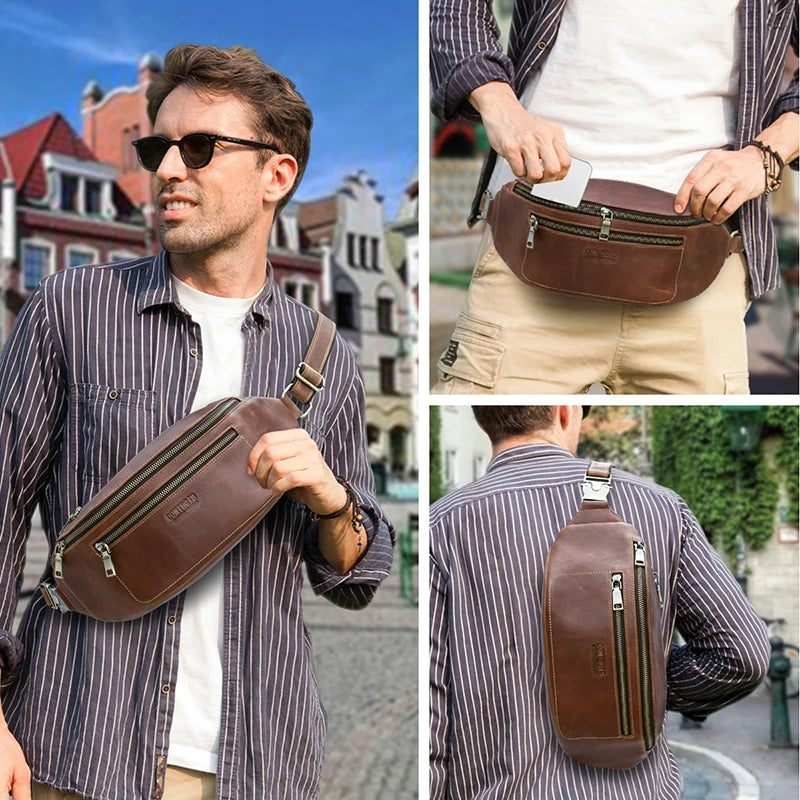 Mænd Taljetaske Ægte Læder Taljepakke Bæltetaske Rejse Fanny Pack Casual Crossbody Brysttasker Håndtaske - Brun