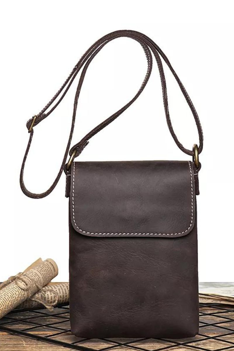 Retro Flip Sort Lille Skuldertaske Til Mænd Ægte Læderslynge Crossbody-tasker Minority Design Man Simple