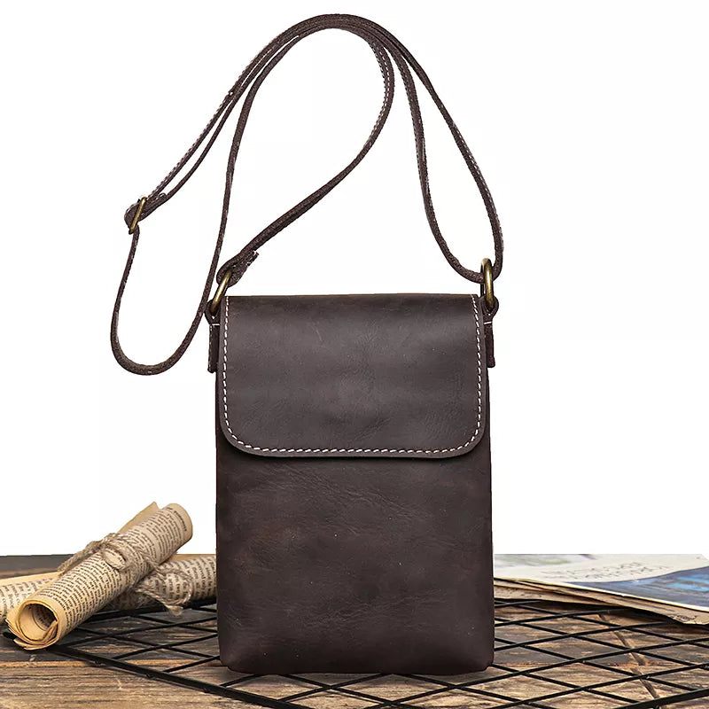 Retro Flip Sort Lille Skuldertaske Til Mænd Ægte Læderslynge Crossbody-tasker Minority Design Man Simple - Sort