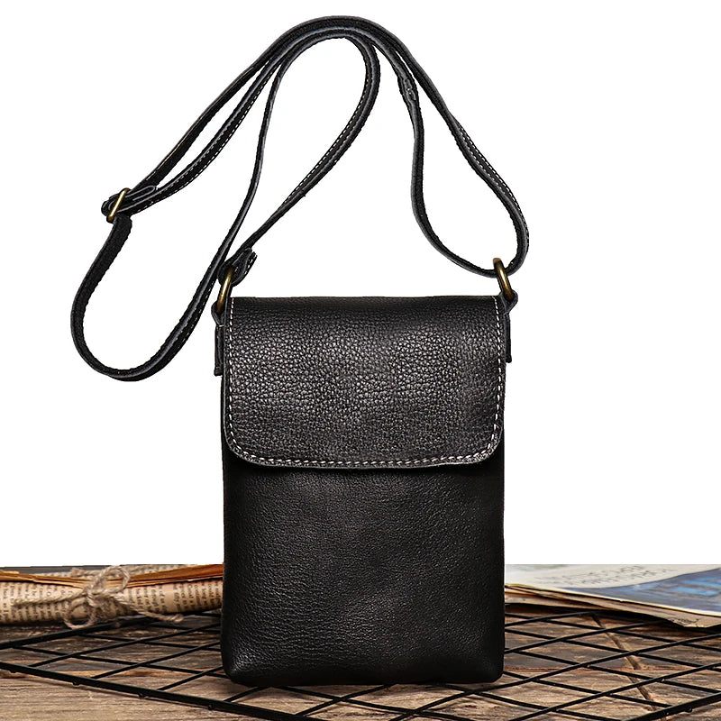 Retro Flip Sort Lille Skuldertaske Til Mænd Ægte Læderslynge Crossbody-tasker Minority Design Man Simple - Sort