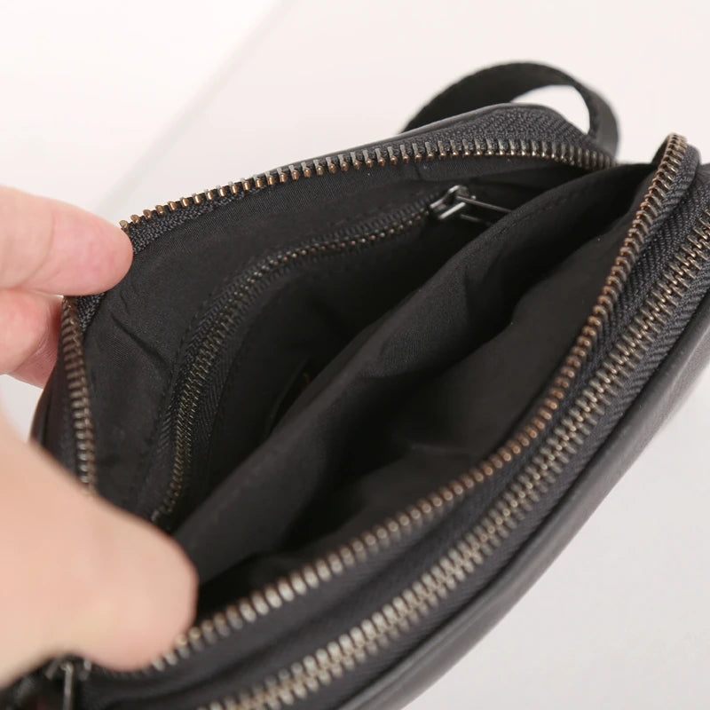 Taljepakker Mænd Ægte Læder Brysttasker Top Håndlavet Small Messenger Crossbody Taske Mini Travel - Sort