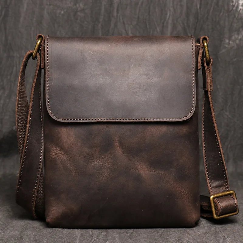 Vintage Skuldertaske Simple Crossbody Taske Ægte Læder Herre Stor Kapacitet Ipad - Mørkebrun