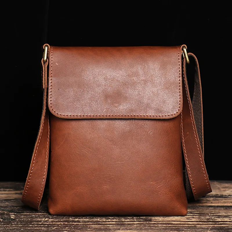 Vintage Skuldertaske Simple Crossbody Taske Ægte Læder Herre Stor Kapacitet Ipad - Mørkebrun