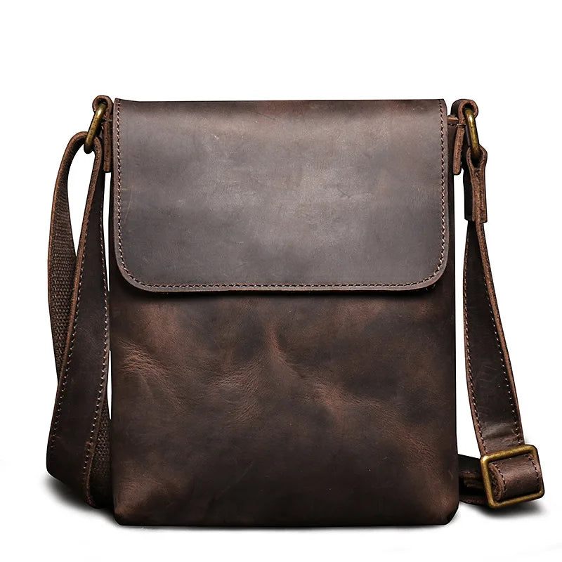 Vintage Skuldertaske Simple Crossbody Taske Ægte Læder Herre Stor Kapacitet Ipad - Mørkebrun